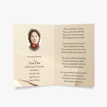 a funeral card with a photo of a woman in a white dress