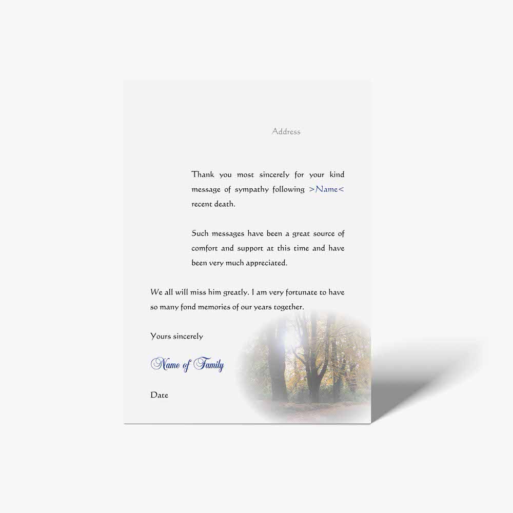thank you card with a photo of a tree and a thank you message