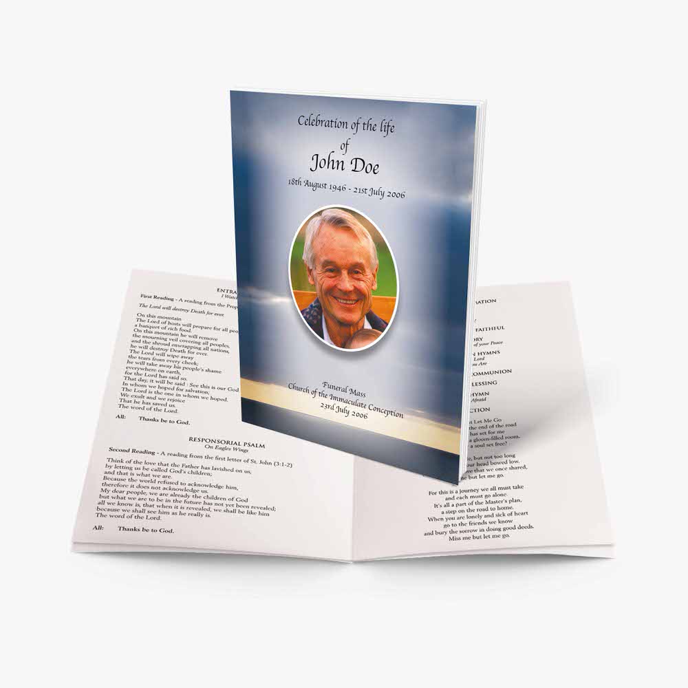 funeral program template with a photo of a man in a white shirt