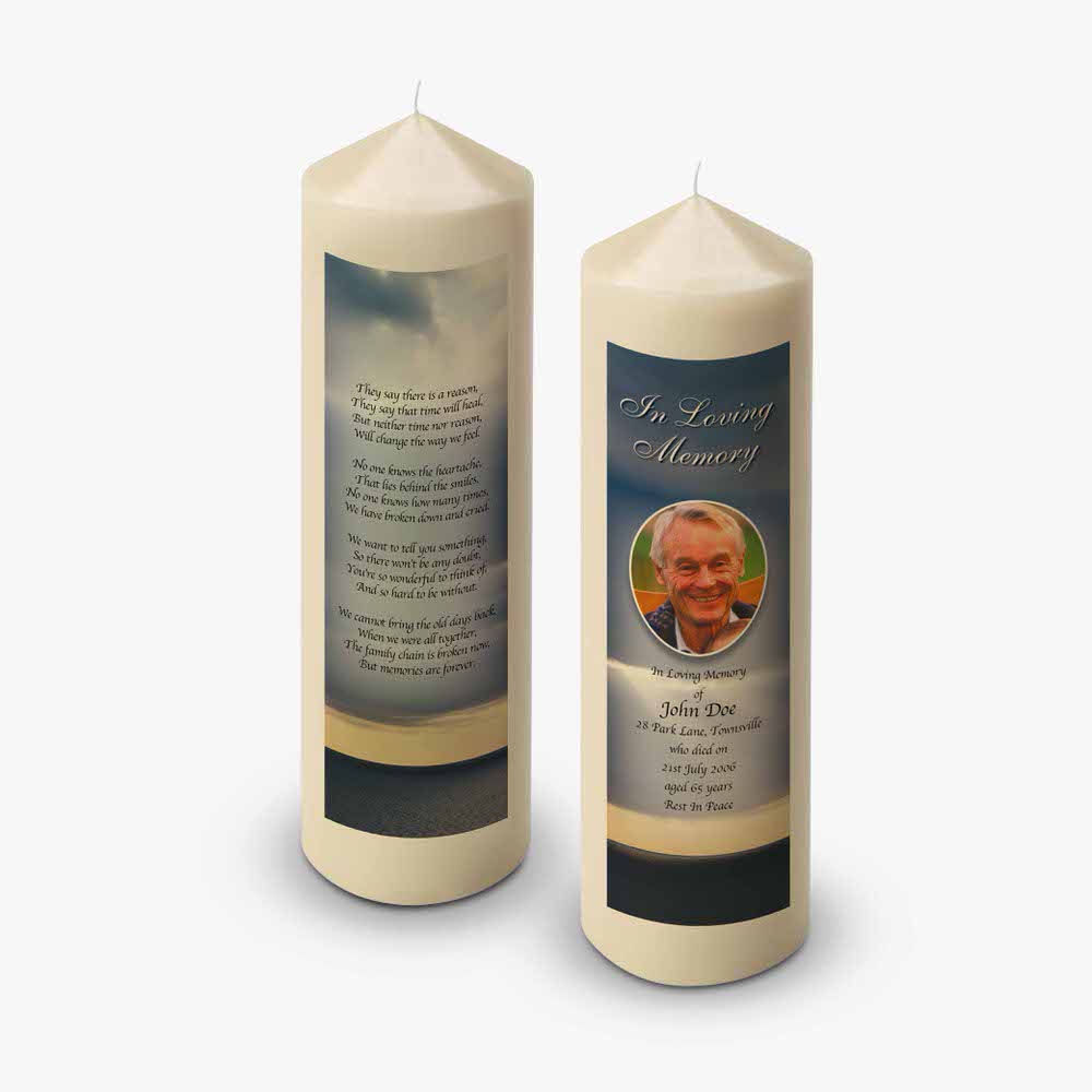 a funeral candle with a photo of a man