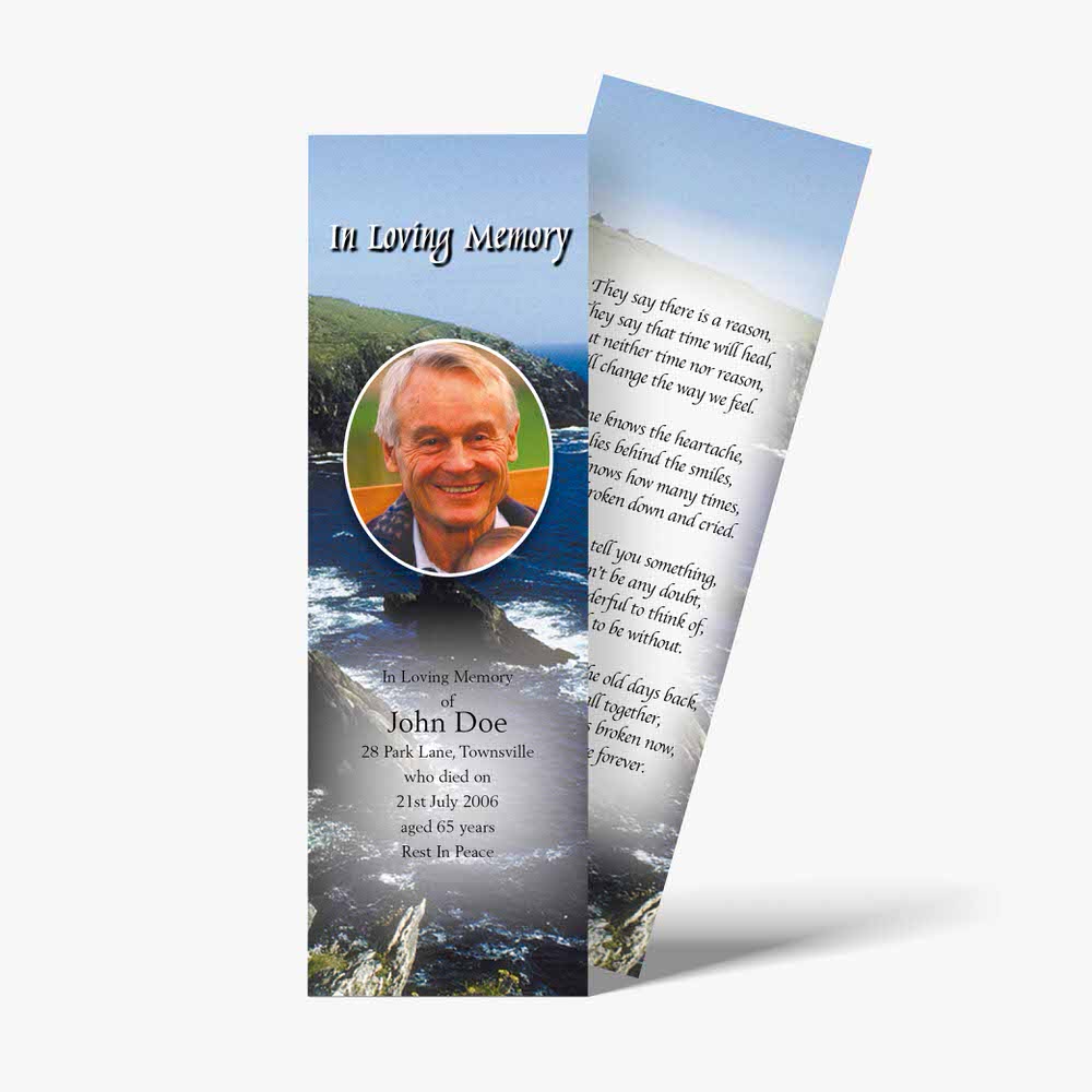 funeral bookmark template with a photo of a man on a beach