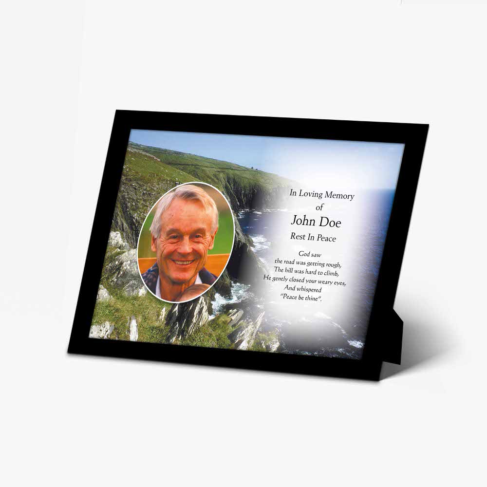 funeral photo frame with a photo of a man on a cliff