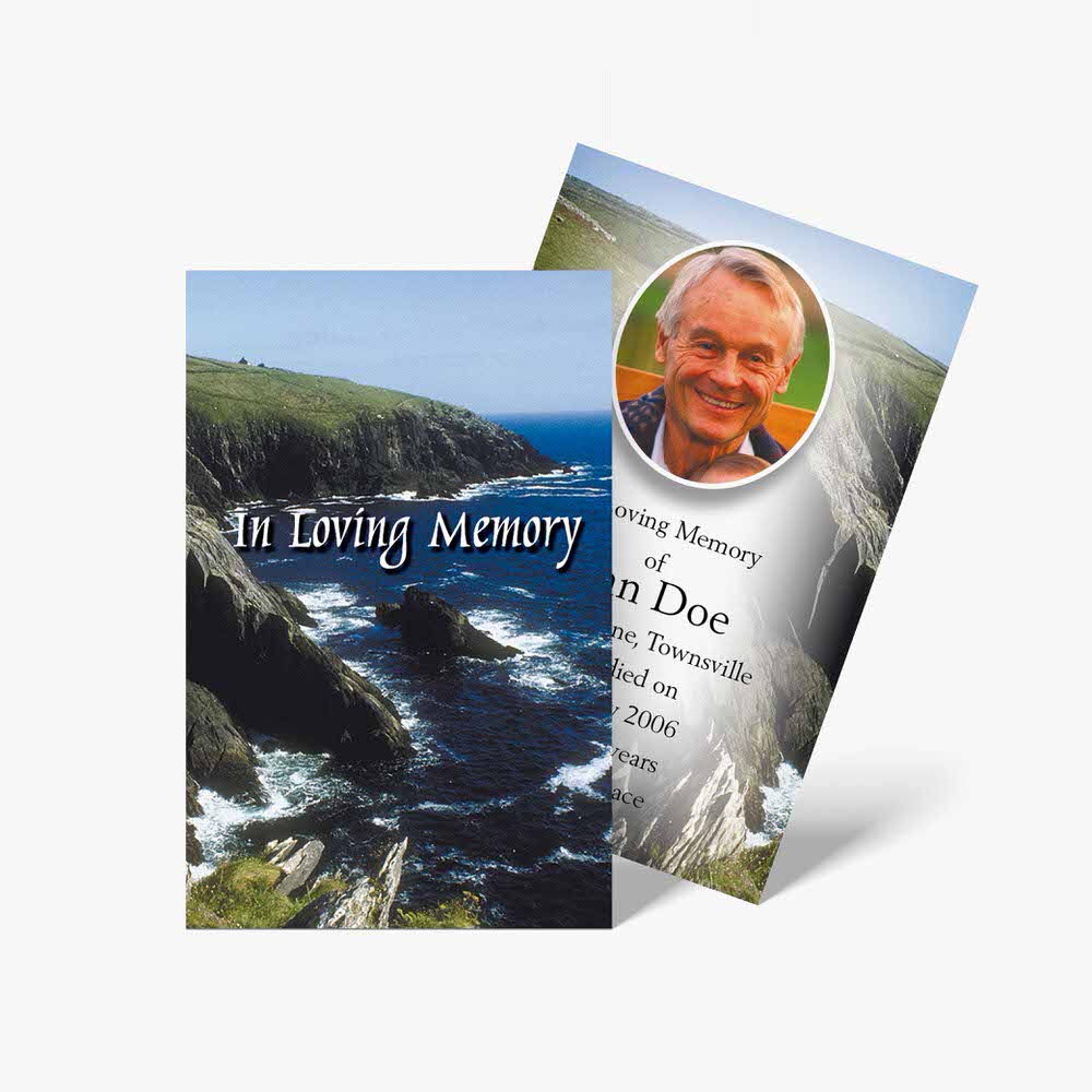 funeral cards with photo of a man on a cliff