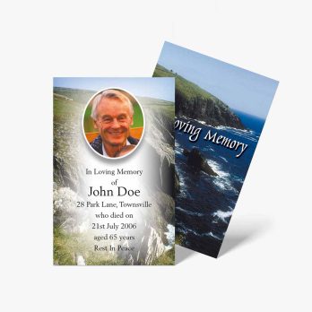 funeral cards with a photo of a man on a cliff