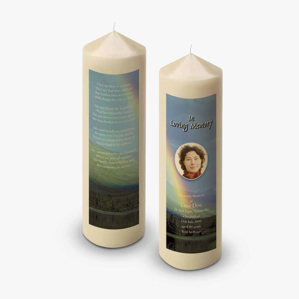 a candle with a photo of a woman on it