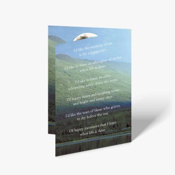 a card with a poem on it, with mountains in the background