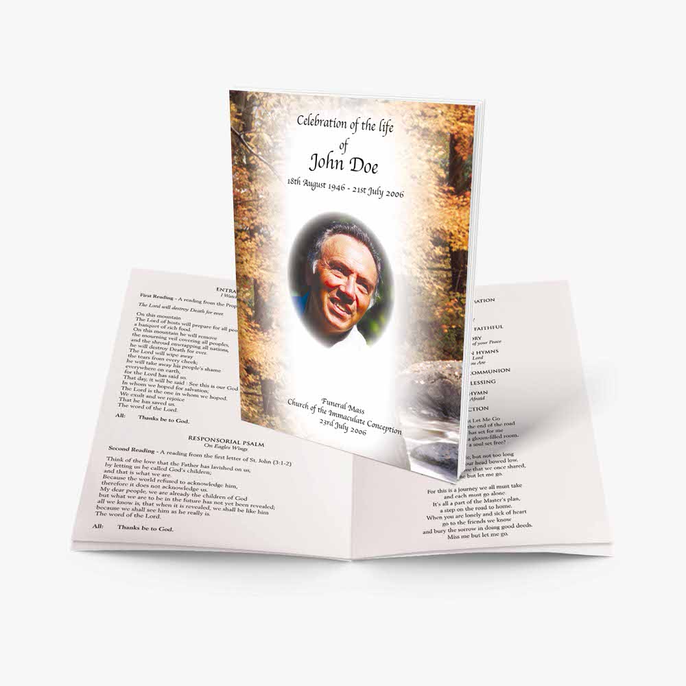 a funeral program template with a photo of a man in a forest