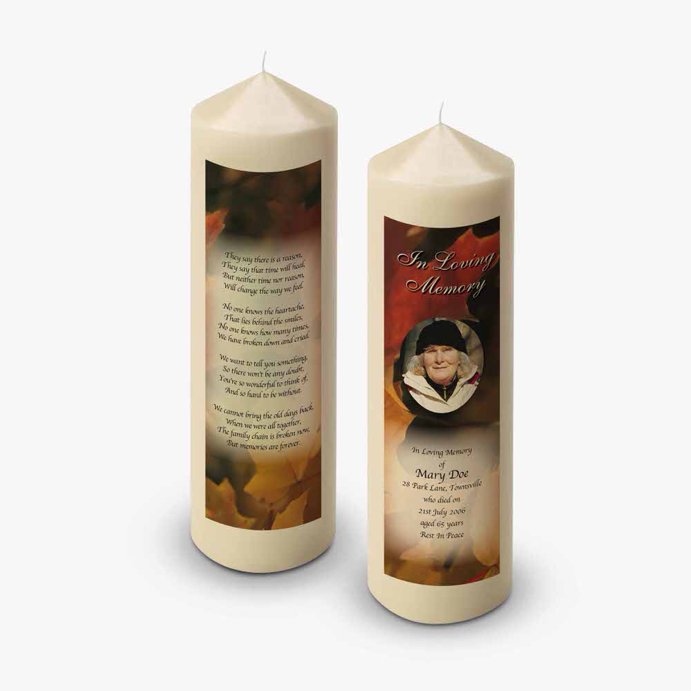 a candle with a poem on it and a picture of a man