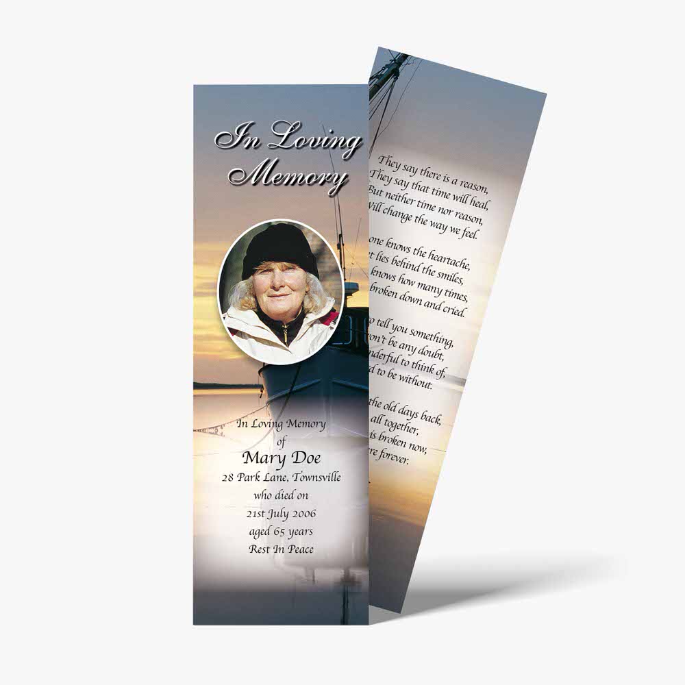 a funeral bookmark with a photo of a man on a boat