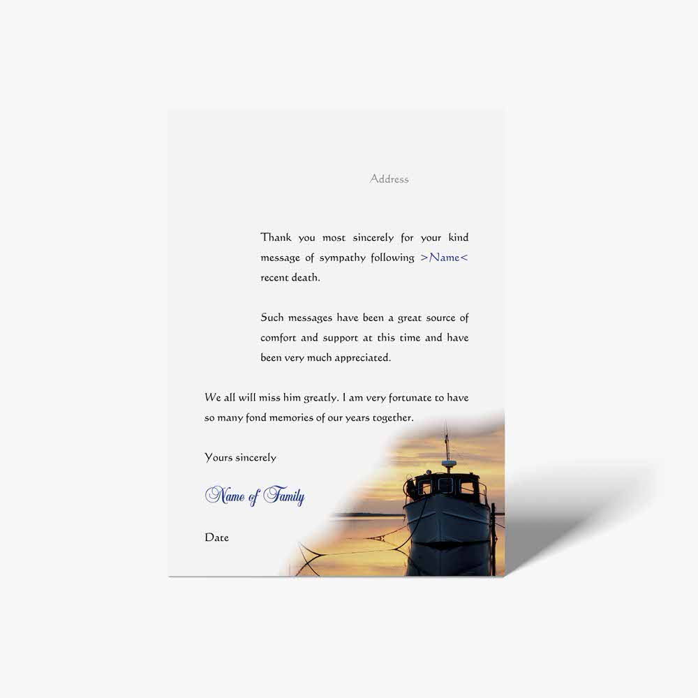 thank you card with boat at sunset