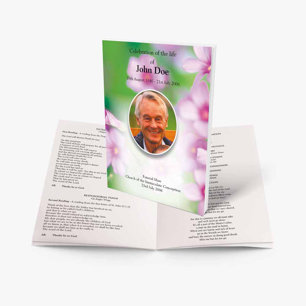 a funeral program template with a photo of a man in a floral dress