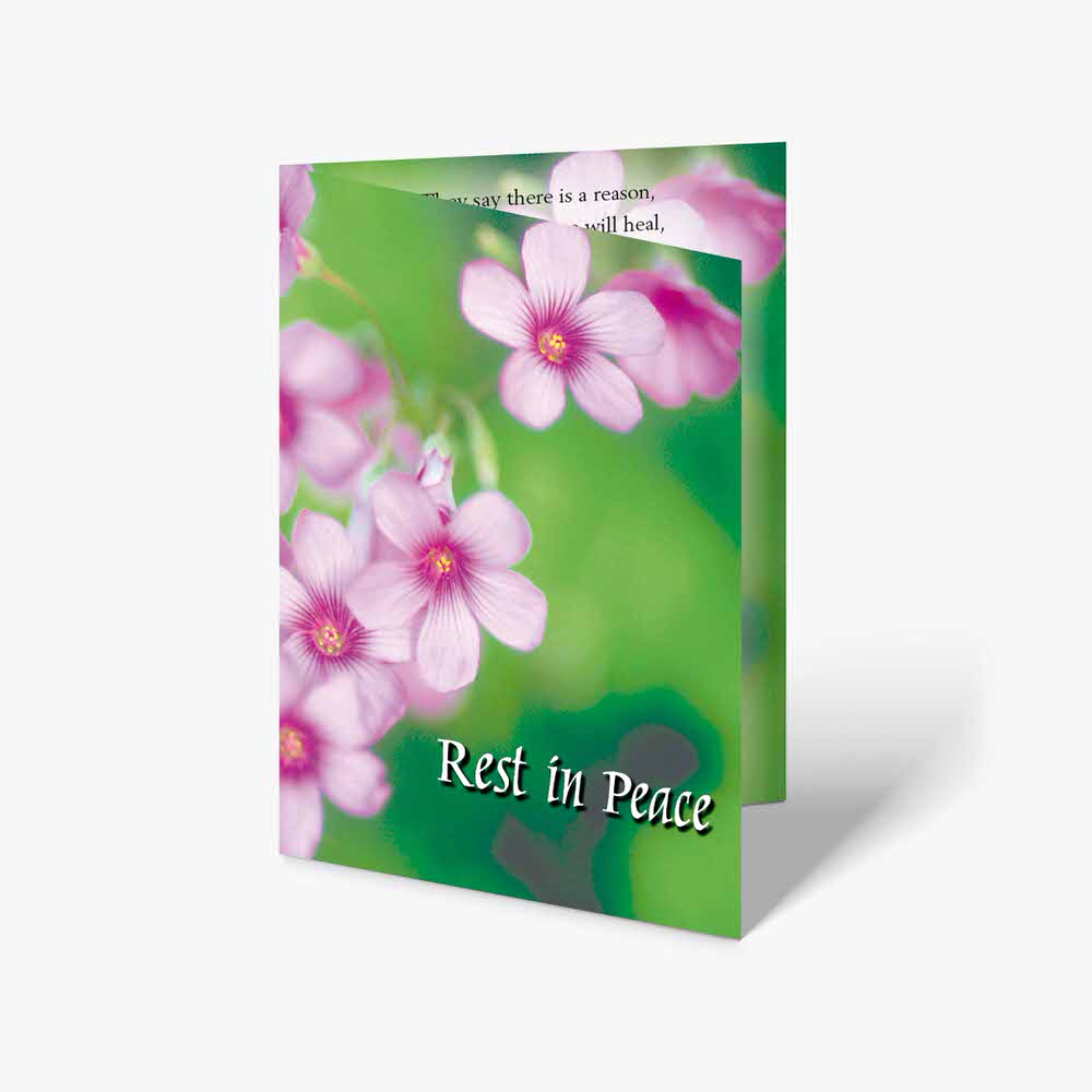 a greeting card with pink flowers and the words rest in peace
