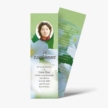 a funeral bookmark with a photo of a woman