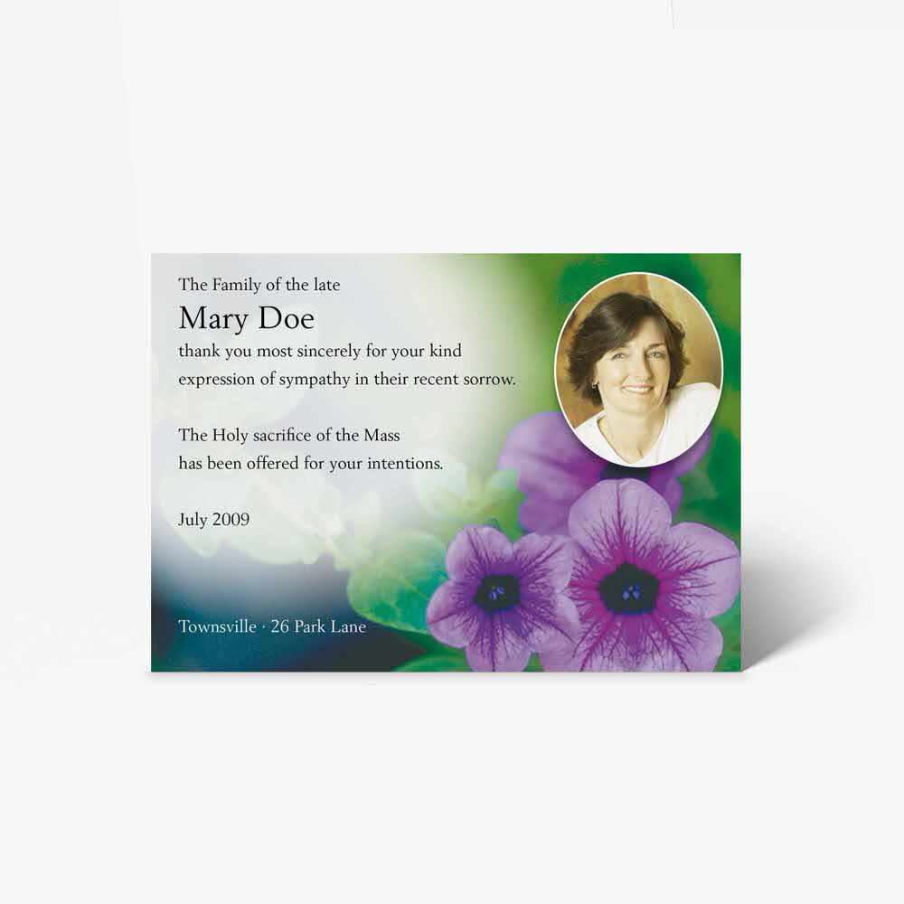 funeral card template - purple flowers