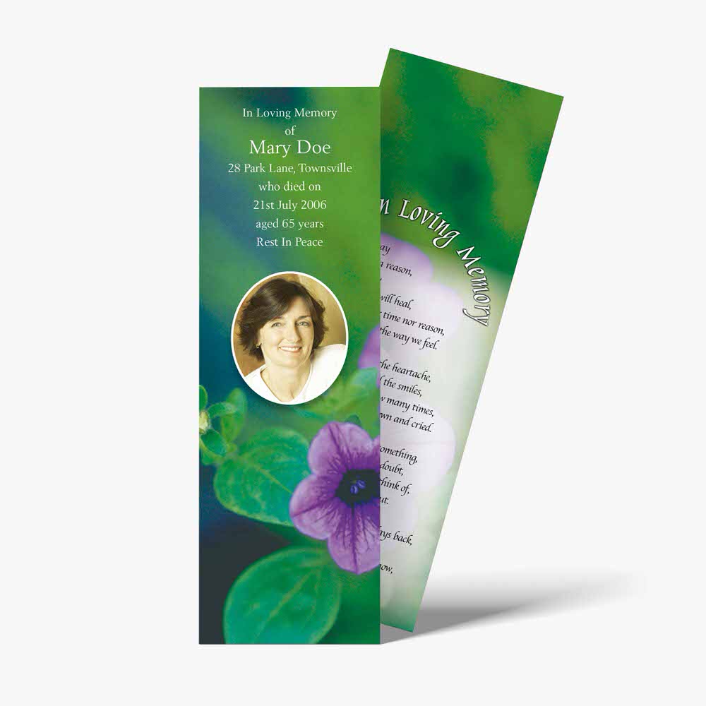 a bookmark with a photo of a woman and purple flowers