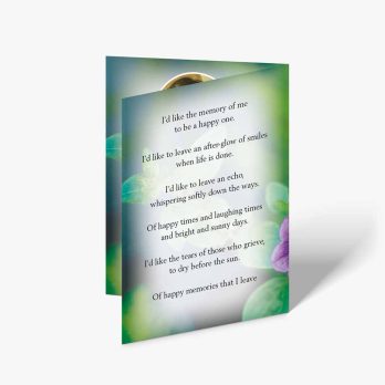 memorial card with a purple flower and a poem