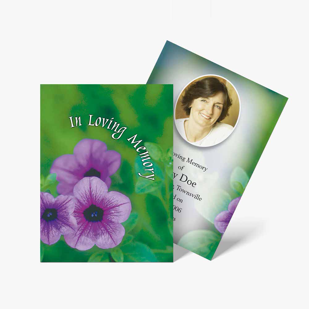 funeral cards with purple flowers