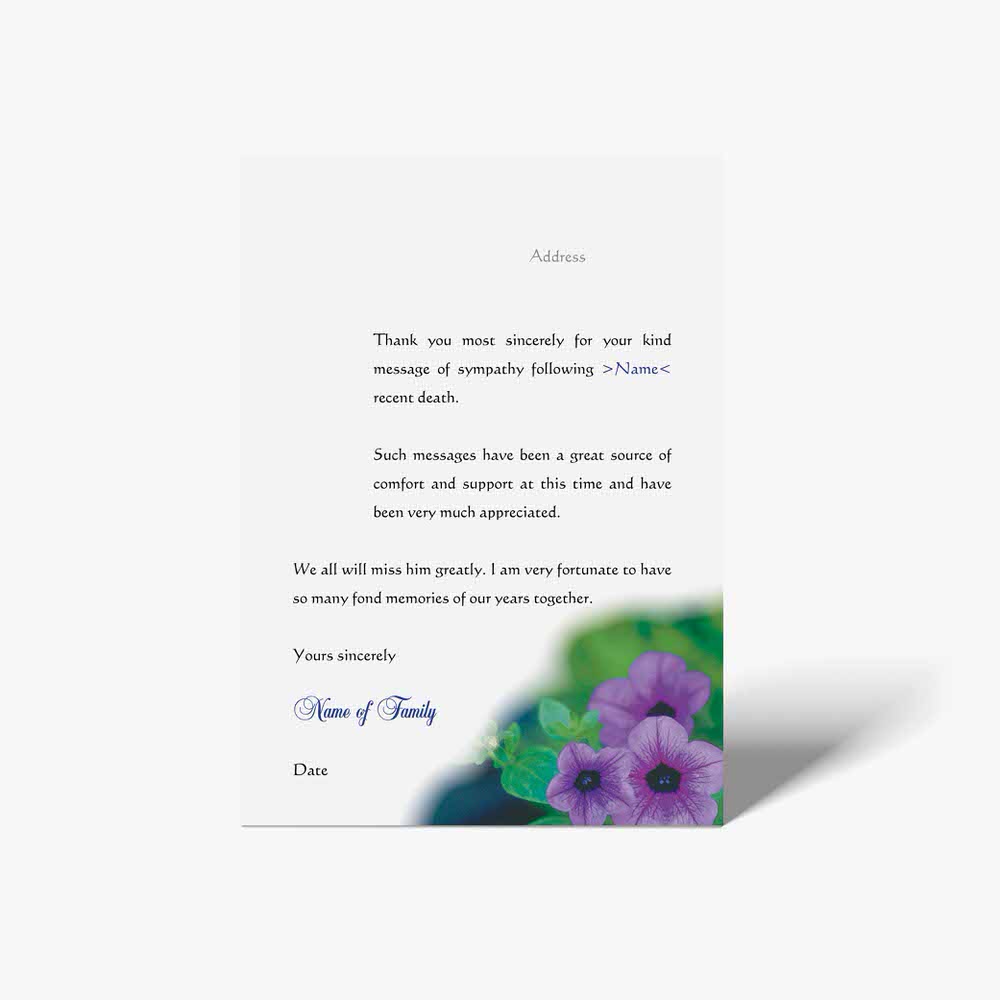 thank you card with purple flowers