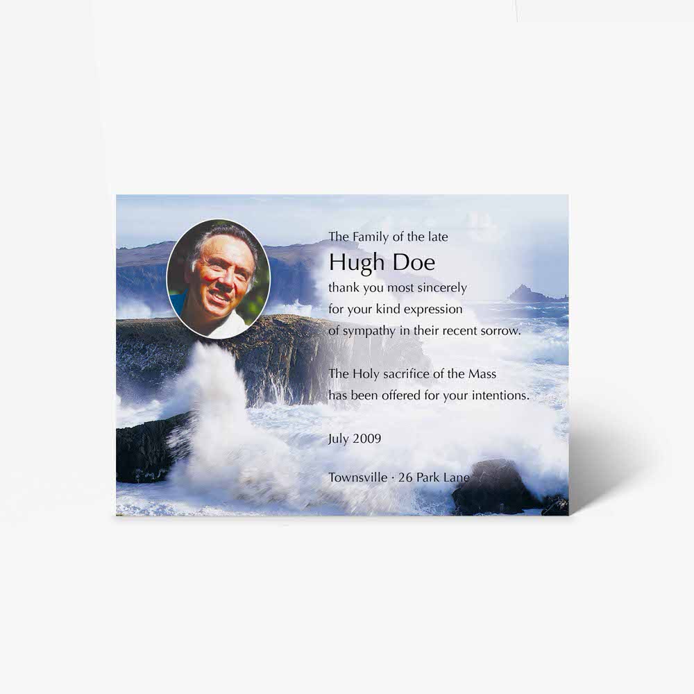 funeral card with photo of a man in the ocean