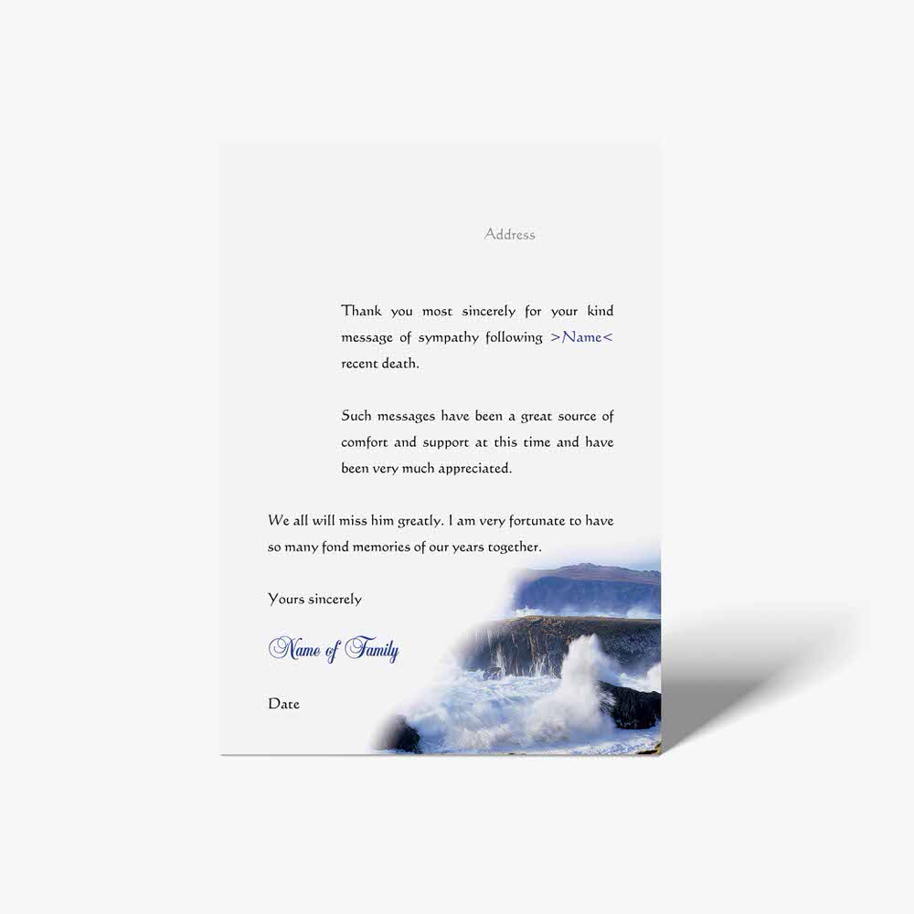 thank you card with a photo of a wave crashing on the beach