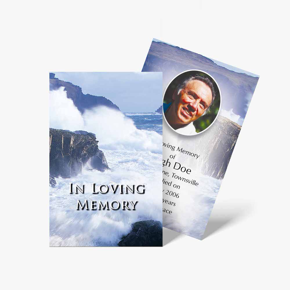 funeral card template with ocean waves