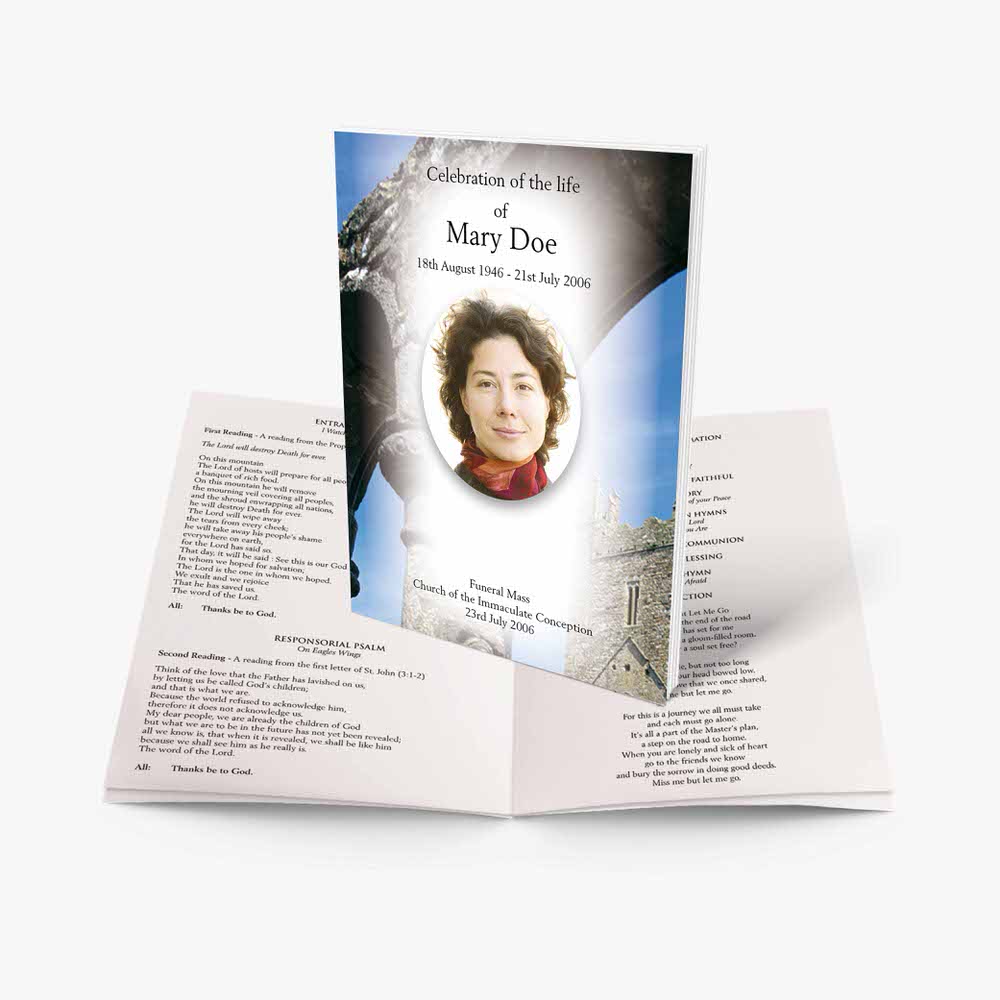 a funeral program template with a photo of a woman in a white dress