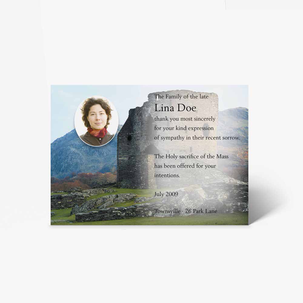 funeral card with photo of a woman in a castle