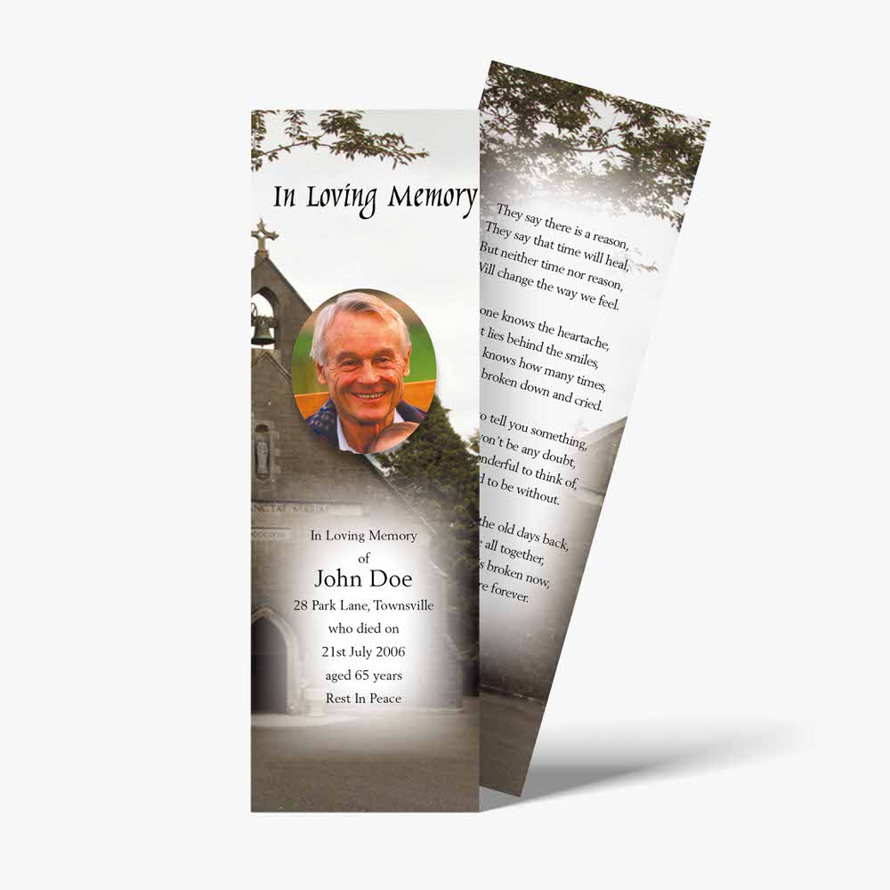 a bookmark with a photo of a man and a church