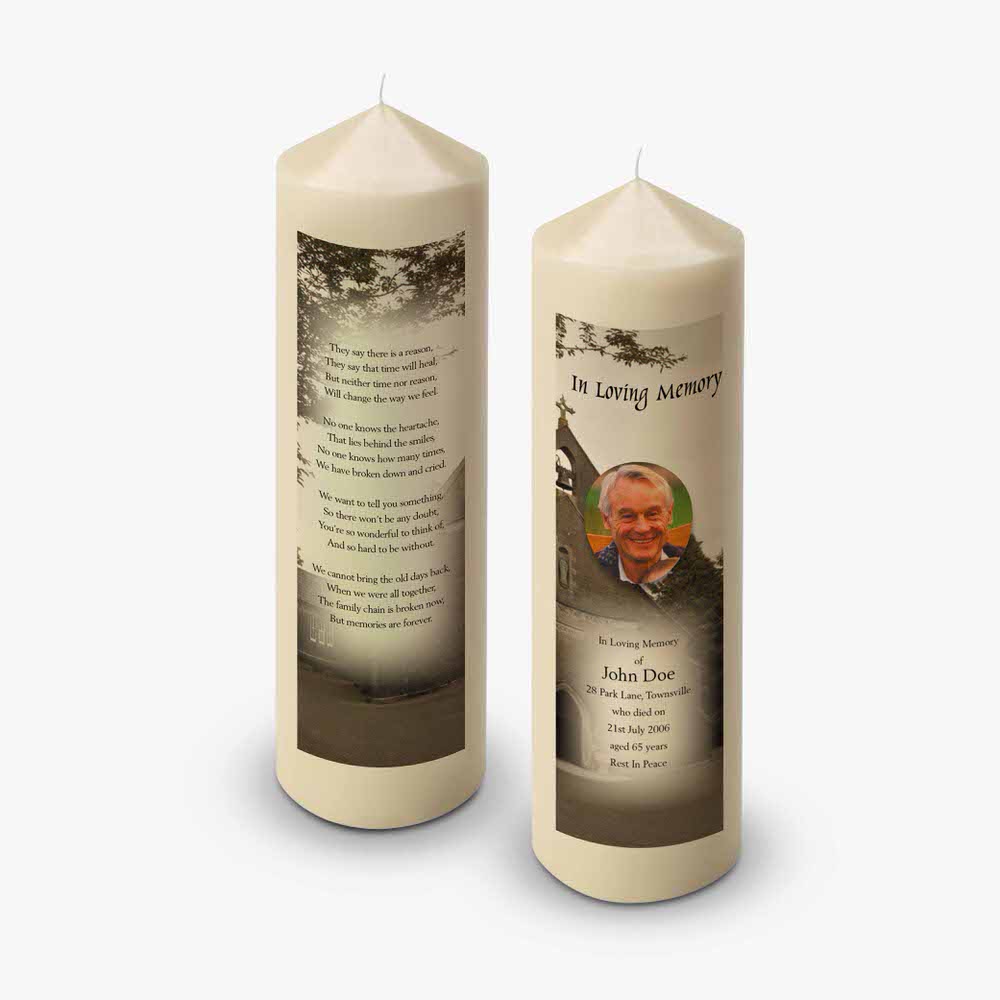 a funeral candle with a poem on it