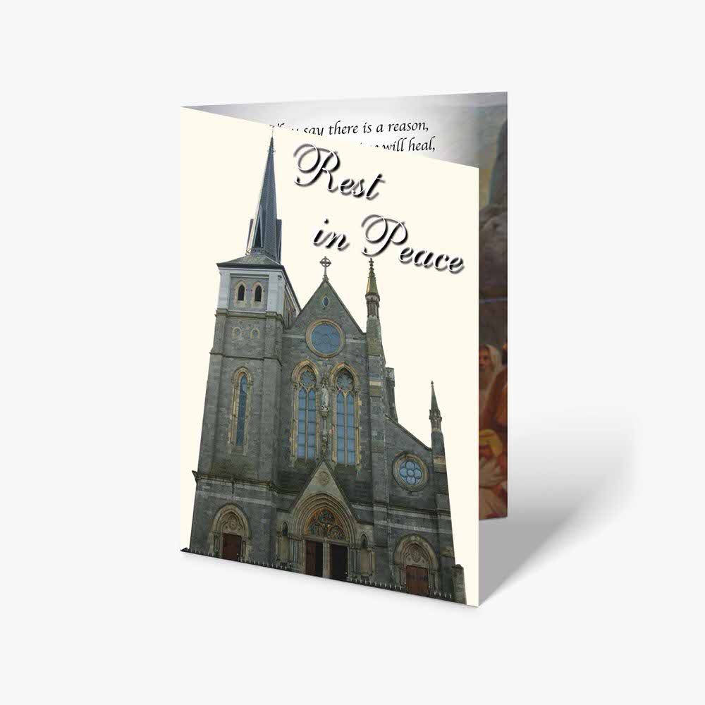 a card with a church and the words rest in peace