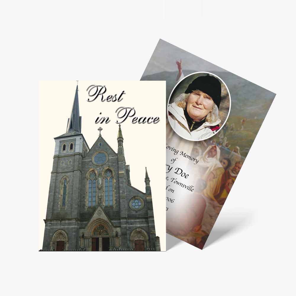 a church card with a photo of a woman and a church