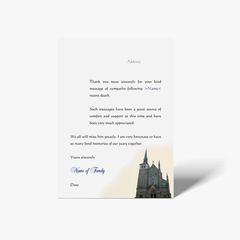 thank you card with a church in the background