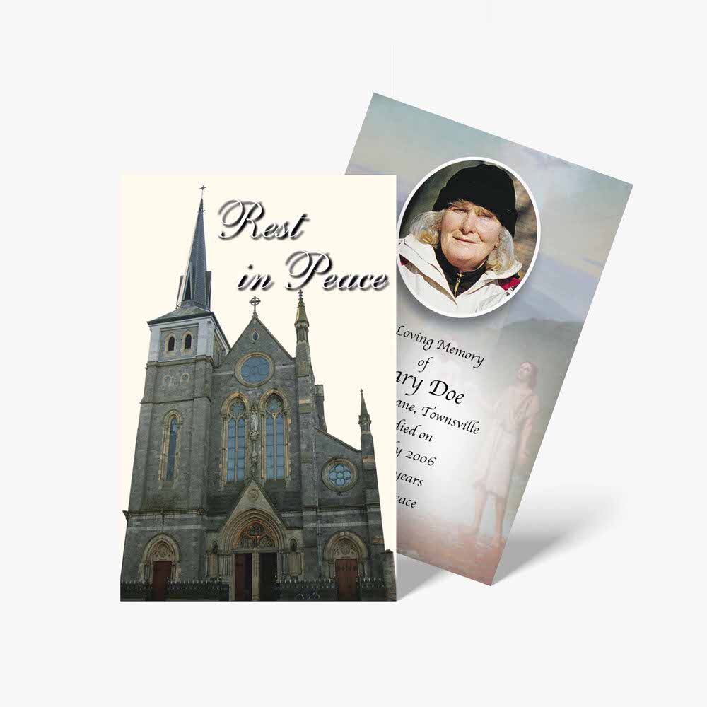 a post in peace card with a church in the background