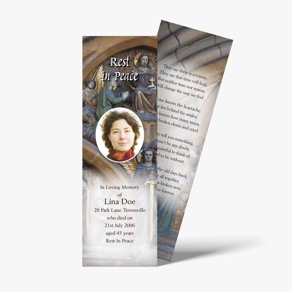a bookmark with a photo of a woman in a church