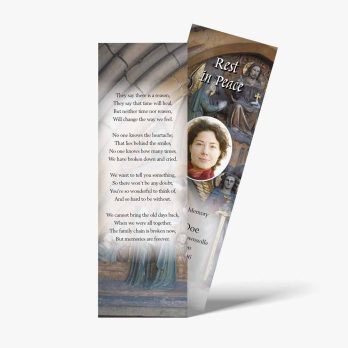 a bookmark with a picture of a woman in a church