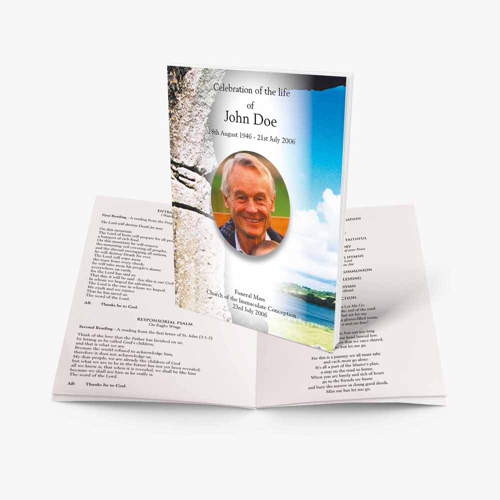a funeral program template with a photo of a man in a white shirt and a black hat