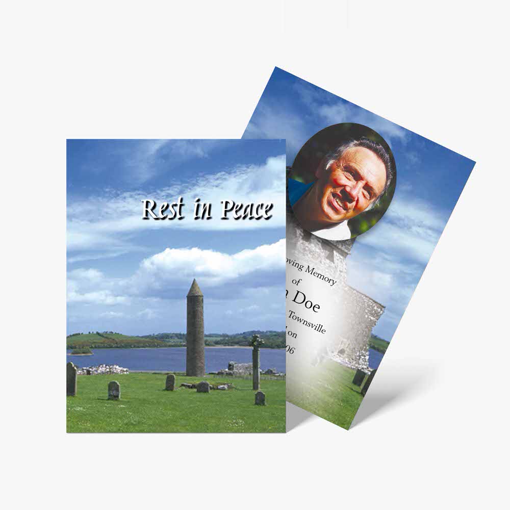 two funeral cards with a photo of a man in a field