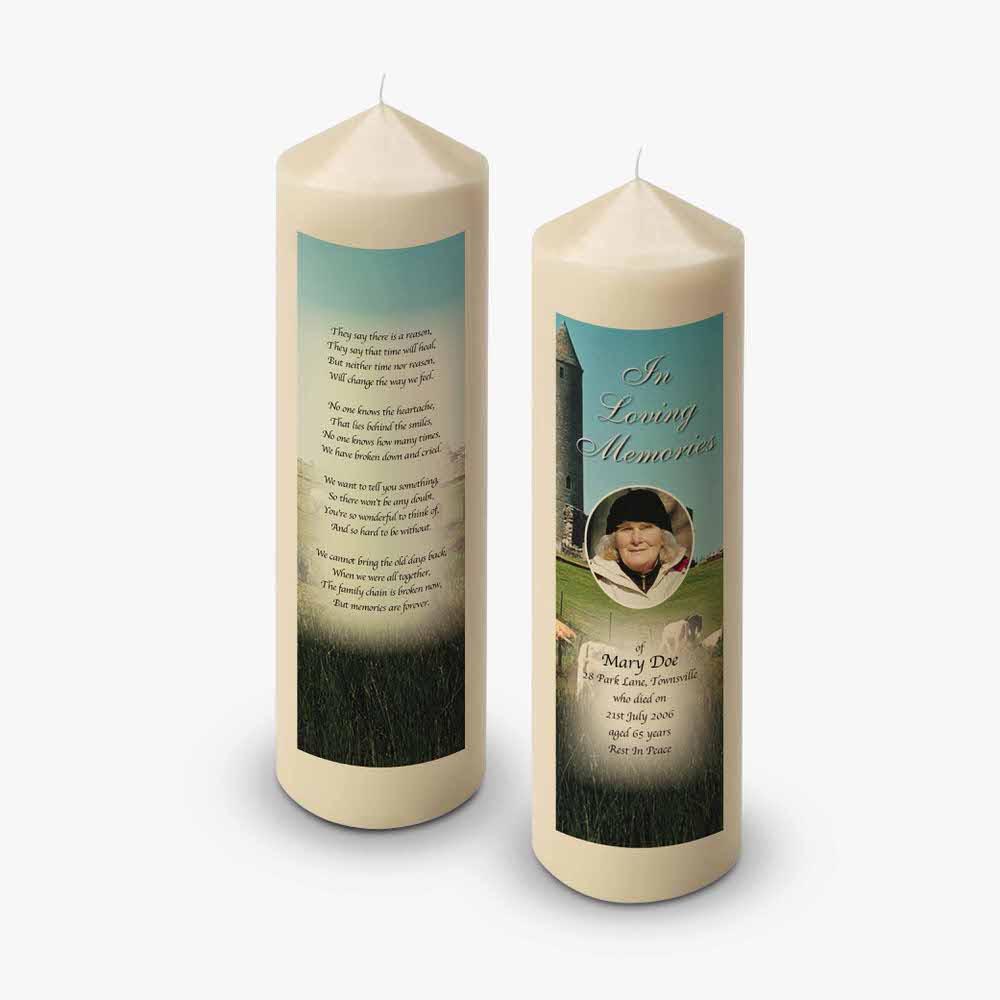 a candle with a poem on it and a picture of a woman