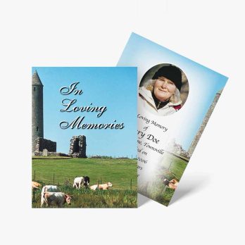 a funeral card with a photo of a woman and cows