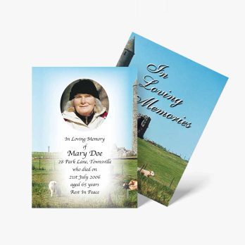 a funeral card with a photo of a woman in a field