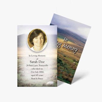 funeral cards with a photo of a woman in the field