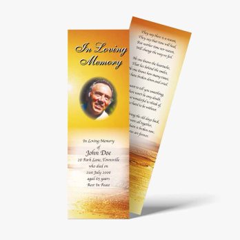 a funeral bookmark with a photo of a man on the beach