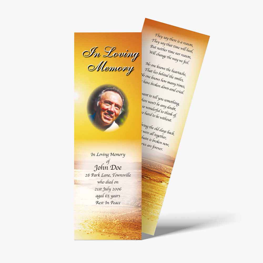 a funeral bookmark with a photo of a man on the beach