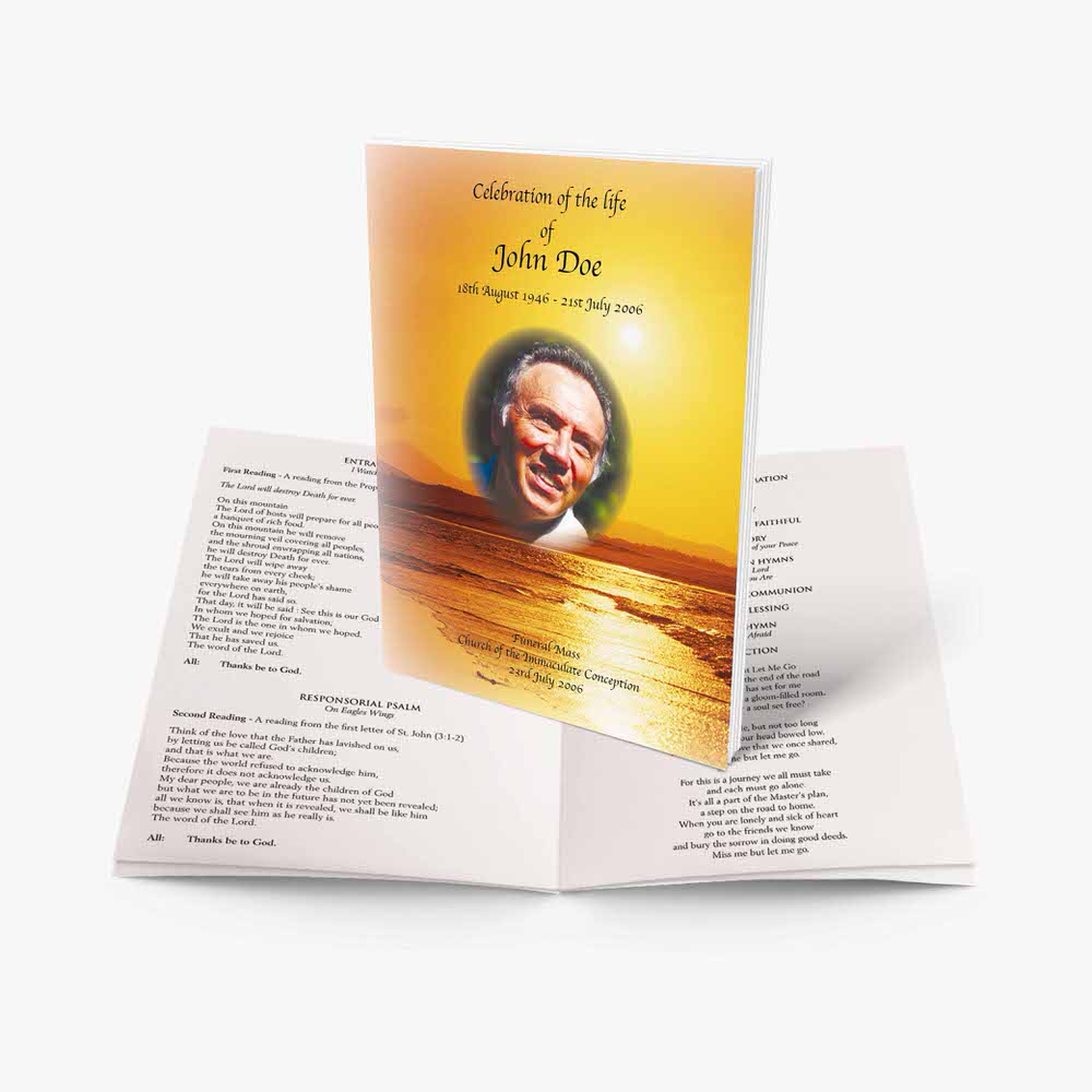 a beautiful funeral program template with a photo of a man in a boat
