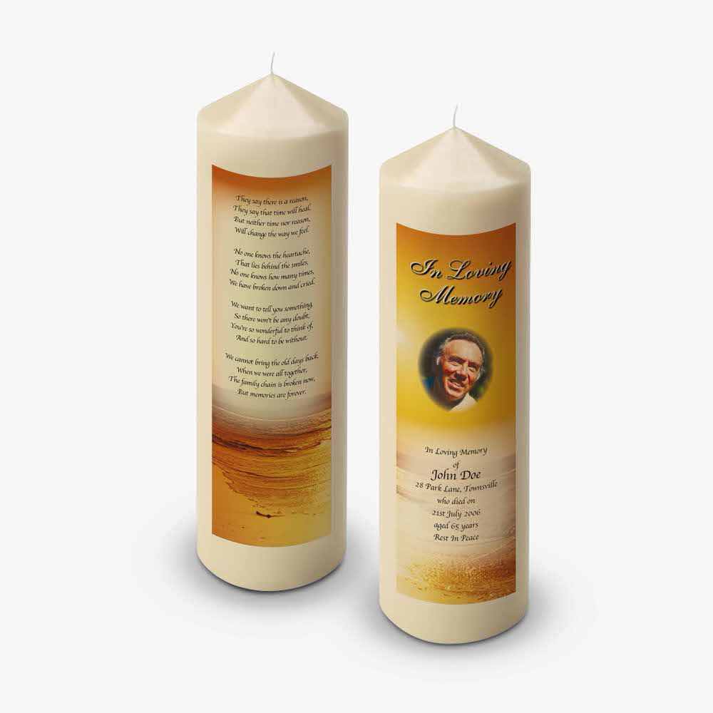 a candle with a photo of a man and a poem