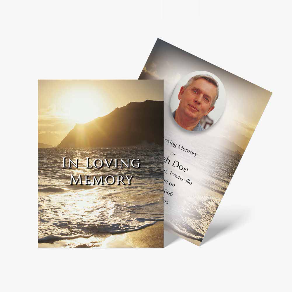 funeral card template with beach sunset