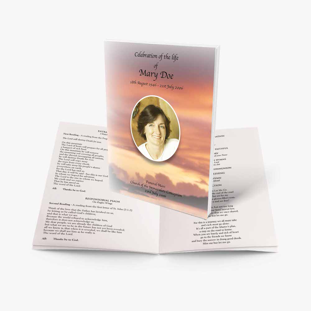 a funeral program template with a photo of a woman in a sunset sky