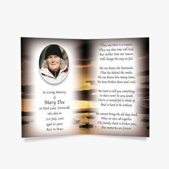 a funeral card with a photo of a woman in a boat