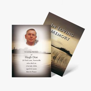 a funeral card with a photo of a man on the water