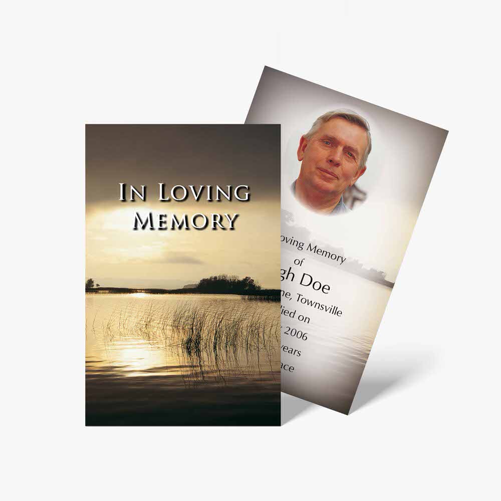 funeral cards with a photo of a man in the water